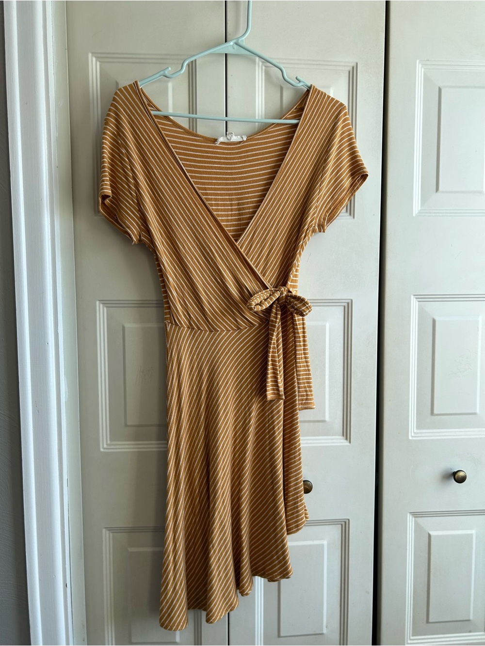 Striped Wrap Midi Dress in Mustard